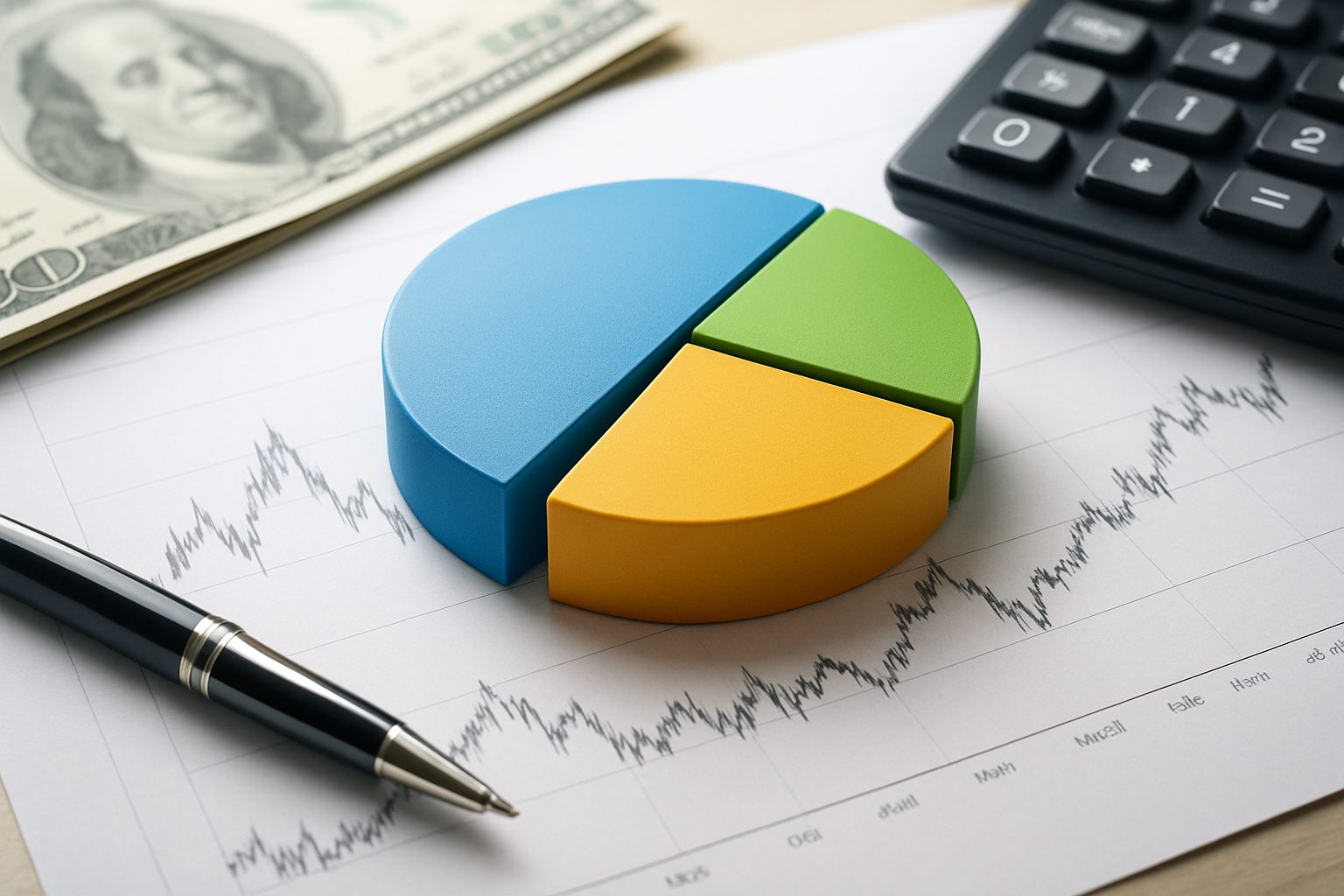 Colorful pie chart placed next to a calculator and dollar bills on a financial document