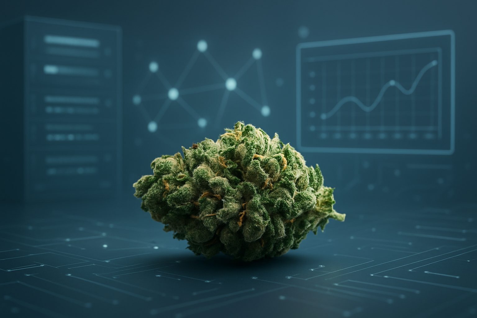 close-up of a cannabis bud with a digital background featuring graphs and data patterns